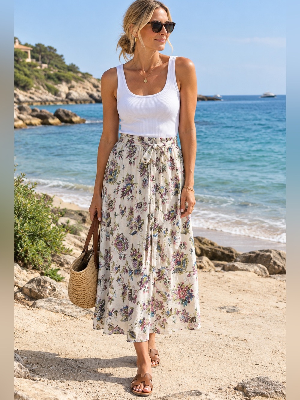 Soft Surroundings Cream Maxi Skirt with Pink, Green and Blue Floral Print Sz L